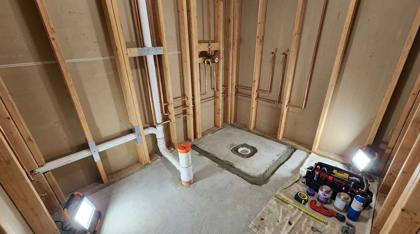Bathroom rough-in plumbing during remodel by Johns Plumbing LLC in Weymouth