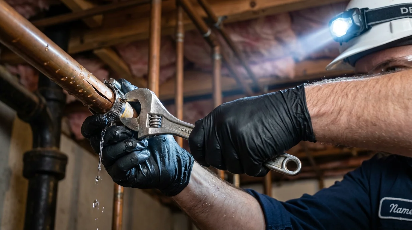 Emergency pipe clamp repair being performed by a Johns Plumbing LLC plumber in Weymouth