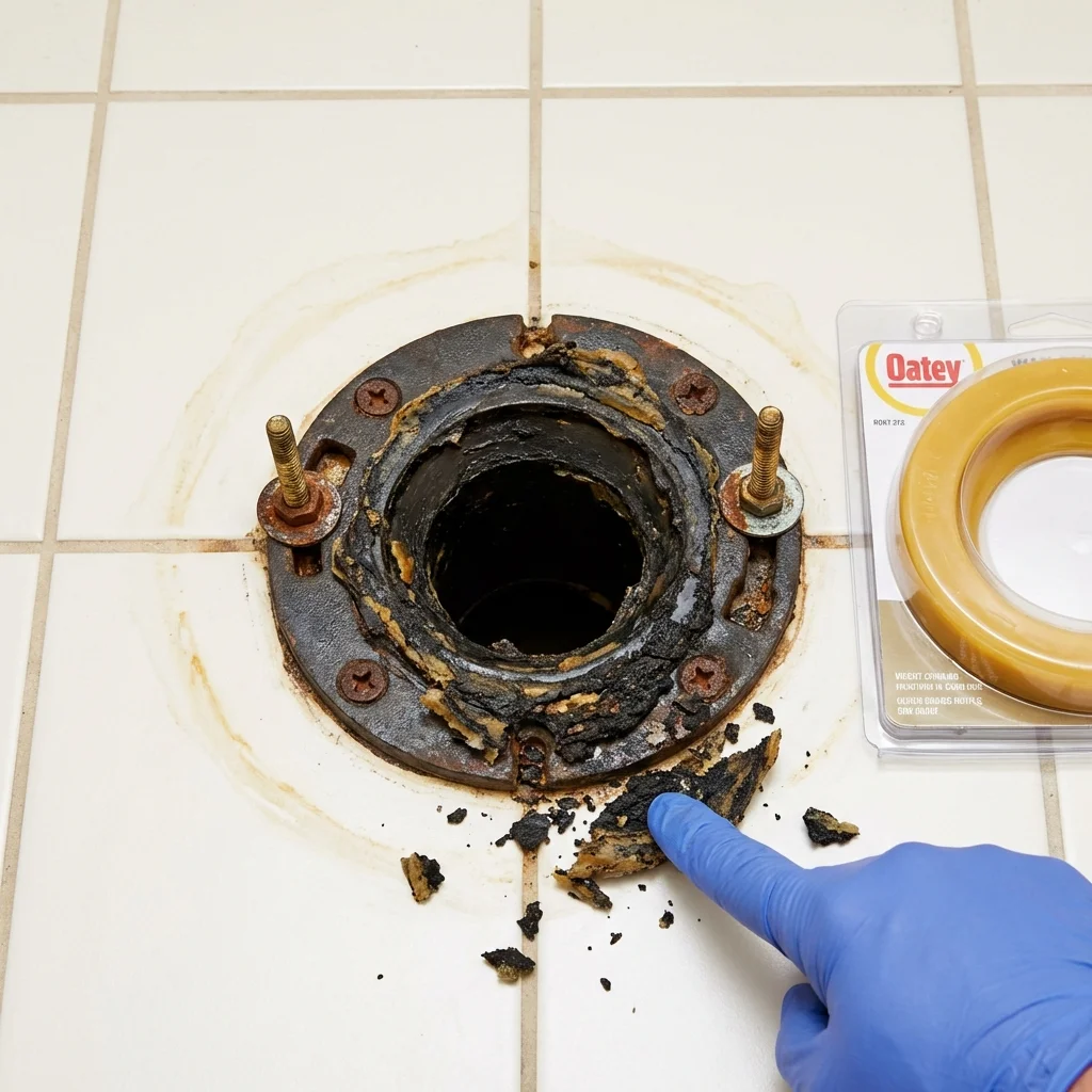 Failed wax ring showing water seepage at the base of a toilet in a Weymouth, MA home