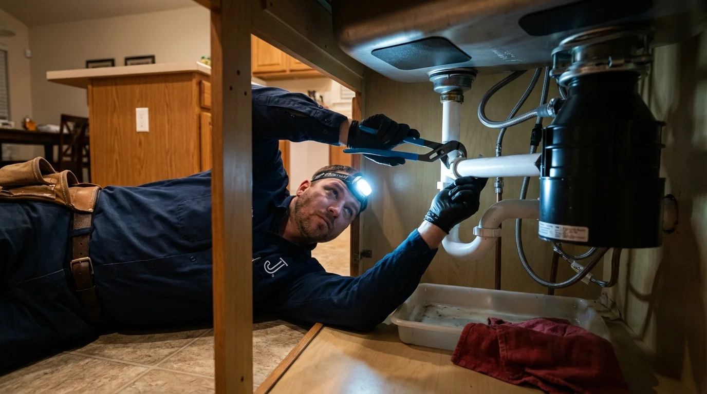 P-trap and supply line connections under a kitchen sink showing a common leak point in Weymouth, MA